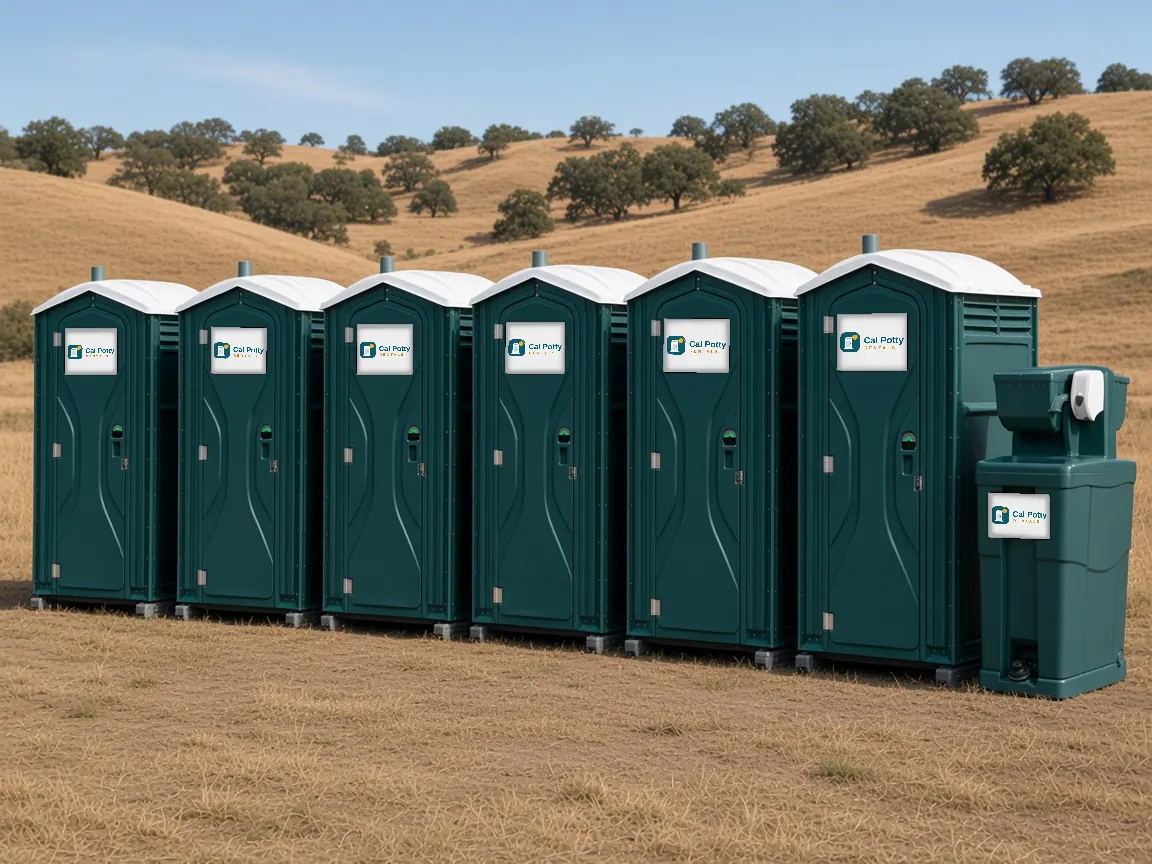 Six teal portable toilets and a handwashing station in a row on a dry grass hillside